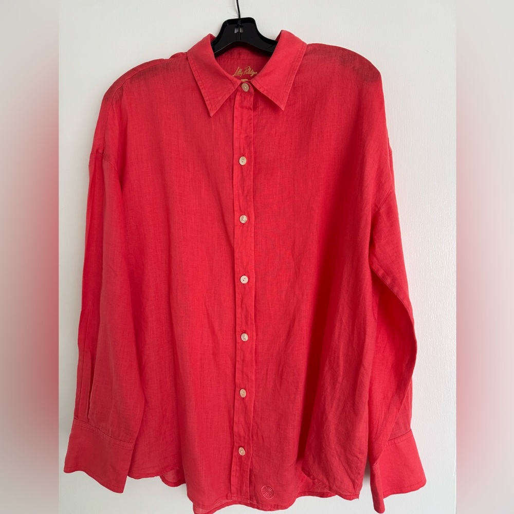 Lilly Pulitzer Stevey Relaxed Button Down Linen Shirt Coral M